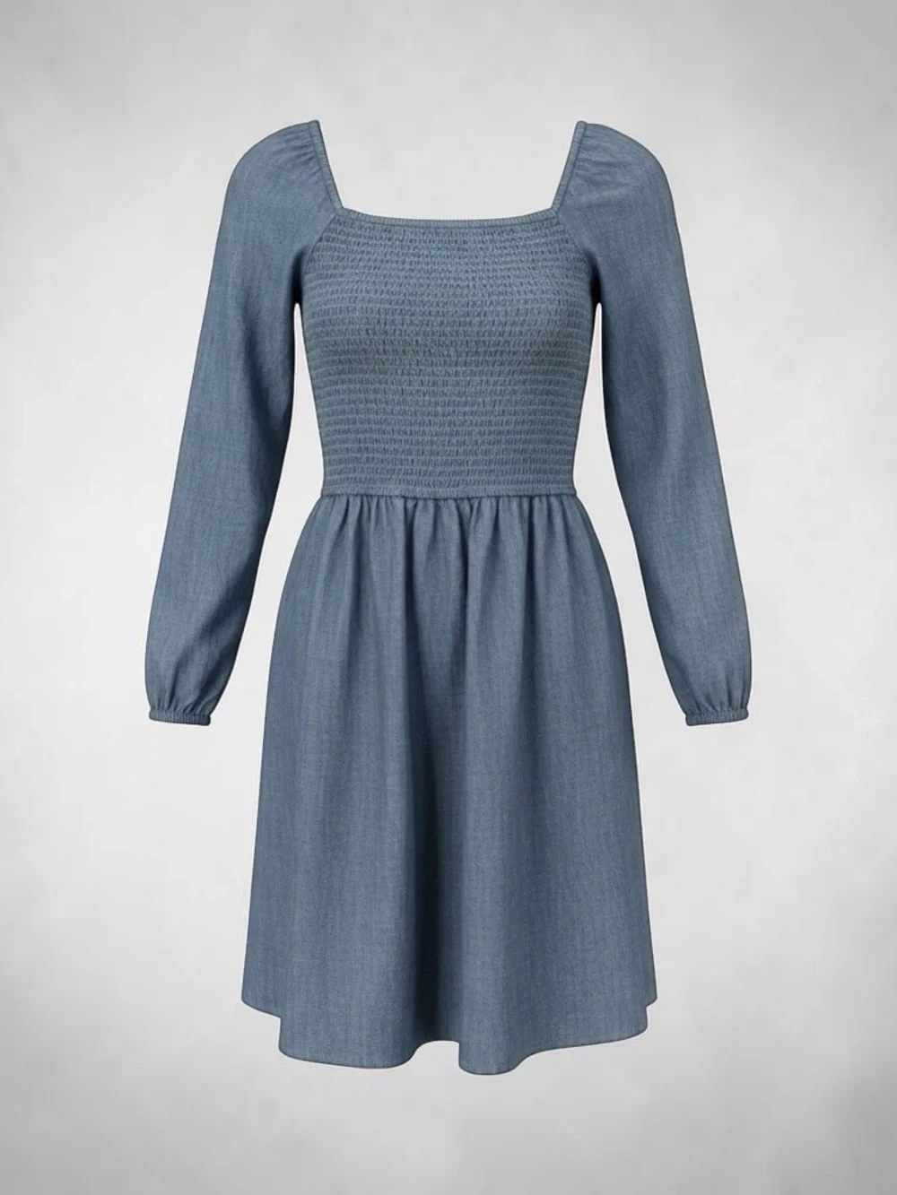 Crewcuts Smocked Square-Neck Long Sleeve Dress in Dusty Blue